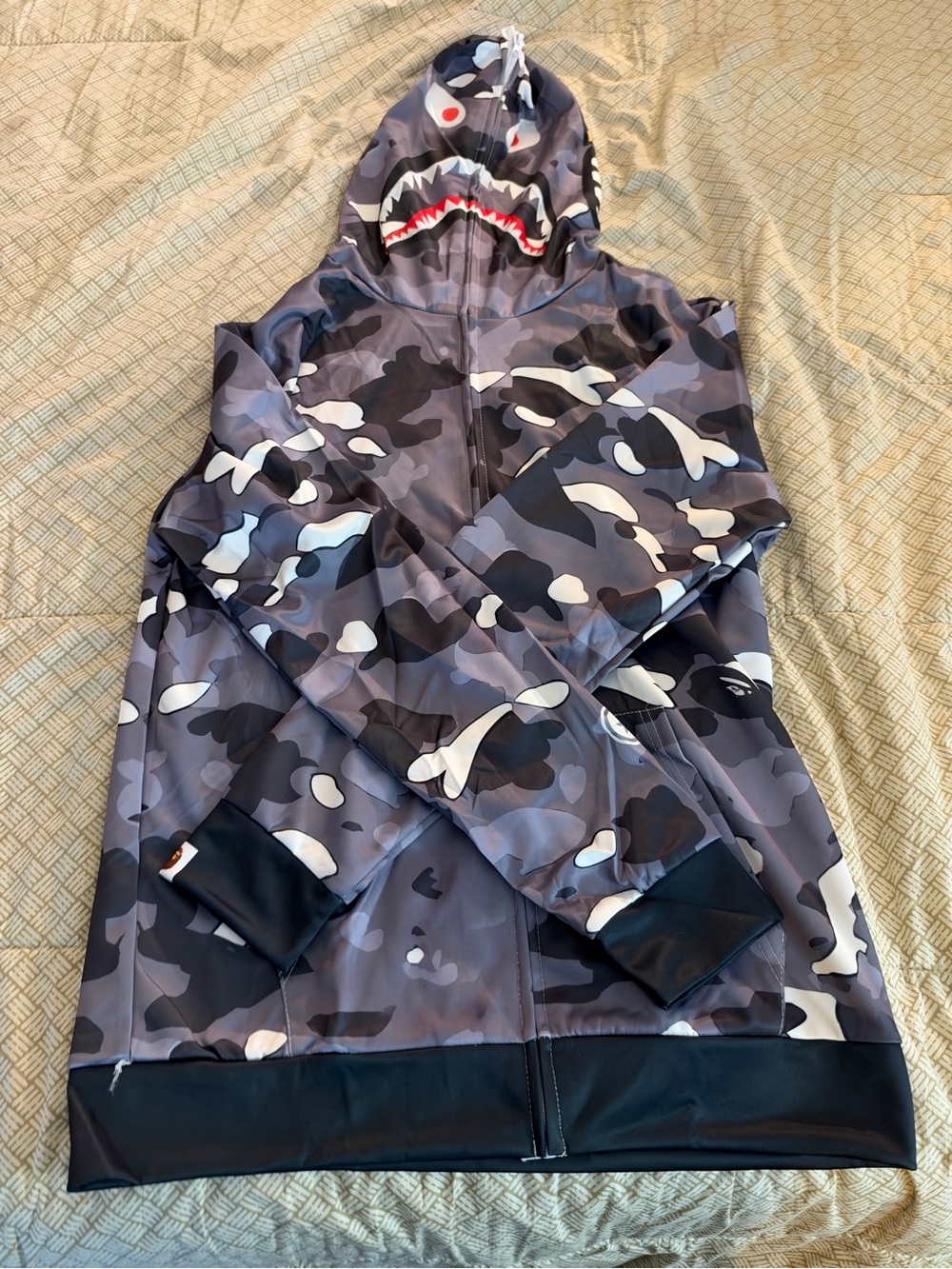 Mens Camo Shark-Print Zip Hoodie Jacket - Gray BAPE
